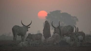 Sonnenaufgang im Dorf der Mundari im Südsudan