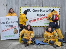 Greenpeace-Aktivisten vor dem Lagerhaus für die Gen-Kartoffel Amflora in Bütow/Mecklenburg-Vorpommern. 