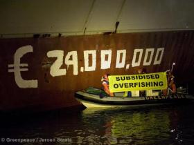 In den Niederlanden protestieren Greenpeaece-Aktivisten gegen das Zerstören und Überfischen der Meere durch subventionierte Fischereifahrzeuge.