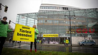 Aktivisten in Berlin vor Parteizentrale mit Bannern gegen Tierleid