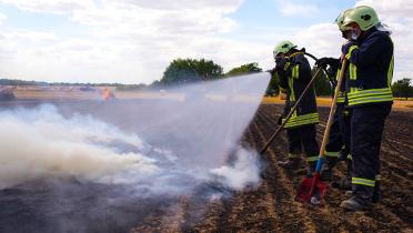 Die Feuerwehr beim Löschen eines Feldbrandes bei Leipzig