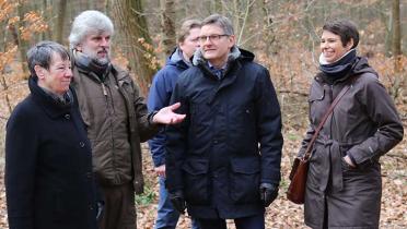 Umweltministerin Hendricks, Knut Sturm vom Lübecker Forstamt, Lübecks Umweltsenator Bernd Möller sowie Sandra Hieke von Greenpeace im Lübecker Stadtwald.