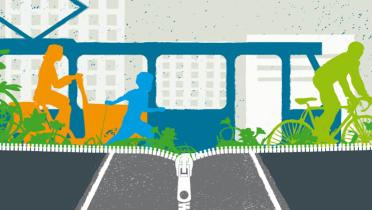 Parking-Day-Grafik, stilisierte Radfahrer, Fußgänger, Straßenbahn