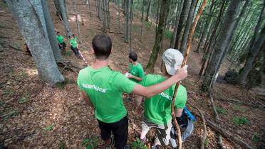 Aktivisten im Wald mit Absperrband