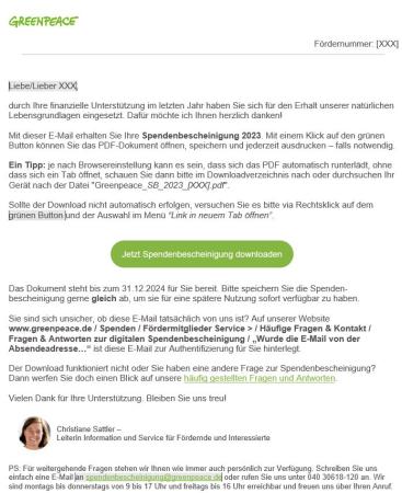 E-Mail für Spendenbescheinigung Greenpeace 2023