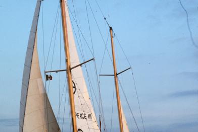 Greenpeace Segler Vega unter vollen Segeln entfernt sich von Manzanillo, Mexiko, Pazifik.