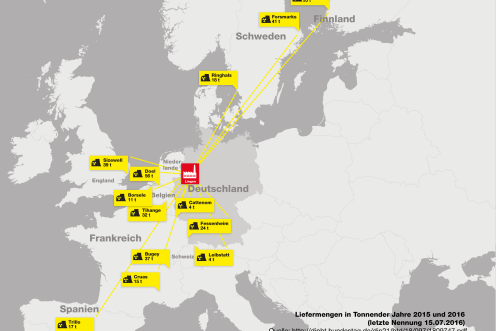 Die Karte zeigt, an welche AKW in Europa die Brennstäbe aus Lingen geliefert werden.