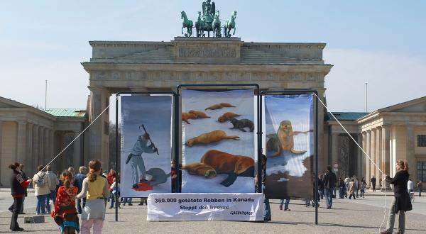 Aktion gegen Robbenjagd vor dem Brandenburger Tor