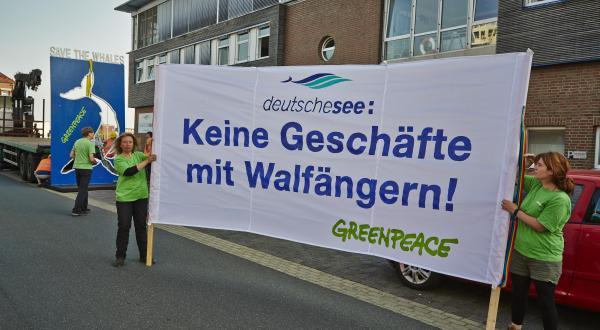 Greenpeace-Aktivisten protestieren für den Schutz der Wale bei der Zentrale von Deutsche See in Bremerhaven, August 2013