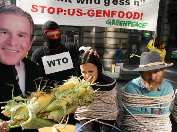 Greenpeace Aktivist:innen protestieren in gegen die Einfuhr gentechnisch veränderter Lebensmittel aus den USA. Auf dem englischsprachigen Banner steht "Stoppt US Gennahrungsmittel", verkleidete Aktivist:innen sind mit Seilen gefesselt