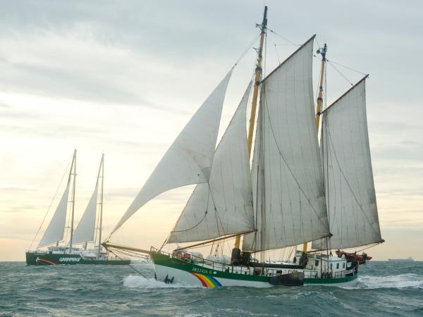 Auf Jungfernfahrt: Die Beluga II segelt gemeinsam mit dem neuen Greenpeace-Flaggschiff Rainbow Warrior III von Hamburg nach Amsterdam.