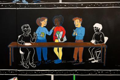 Illustration auf der fünf Menschen an einem Tisch zu sehen sind
