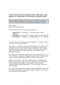 Letter to Volkswagen: Climate-related corporate obligations of the Volkswagen Group