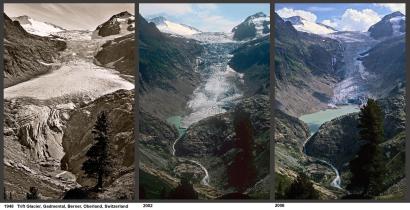 Der Triftgletscher in den Schweizer Alpen, aufgenommen 1948, 2002 und 2006