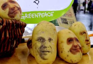 Greenpeace-Protest gegen die Gen-Kartoffel Amflora auf dem Ökumenischen Kirchentag: Auf drei Kartoffeln sind die Gesichter von Westerwelle, Merkel, Seehofer, 2010.