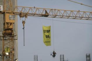 Crane banner at coal power building site Boxberg
