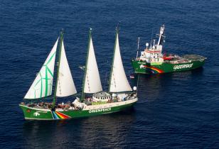 Die Rainbow Warrior II und Arctic Sunrise im Mittelmeer im Rahmen der  Kampagne der Bedrohung des Blauflossen-Thunfisches (05/2010)