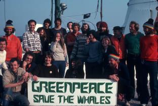 Rainbow Warrior Crew with Whaling Banner in Shetland