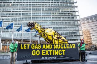 Aktivist:innen von Greenpeace Belgien stellen einen riesigen "Taxonosaurus"-Dinosaurier vor dem Sitz der Europäischen Kommission und des Europäischen Rates in Brüssel auf, um gegen die mögliche Aufnahme von fossilem Gas und Atomenergie in die "Taxonomie" der EU zu protestieren.