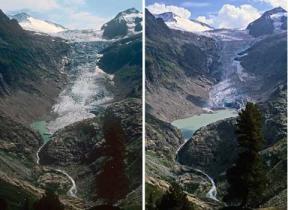Gletschervergleich: Der Triftgletscher im Berner Oberland, einmal 2002 fotografiert (links) und einmal 2006. Der Vergleich zeigt, wie schnell die Gletscherschmelze voranschreitet.