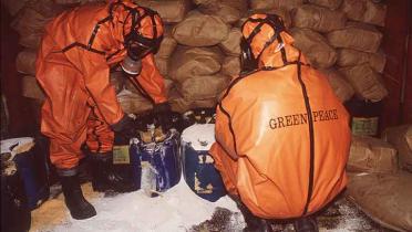 Greenpeace-Aktivisten verpacken Pestizide aus der DDR in Albanien im März 1994