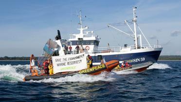Greenpeace-Schlauchboote mit Fischtrawler