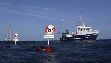 Protest gegen schwedisches Kabeljau Fischerei Schiff im September 2004
