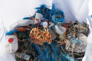 Blick in den Müllsack voller gesammeltem Plastikmüll