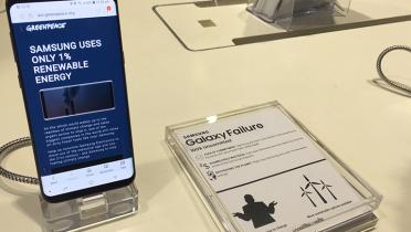 Samsung-Geräte mit Greenpeace-Infos im Laden