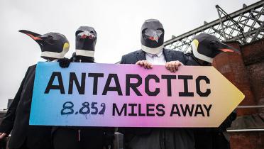 Aktivisten als Pinguine verkleidet mit Wegweiser in die Antarktis