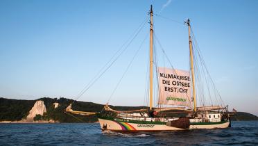 Beluga mit Banner "Die Ostsee erstickt" vor Rügen