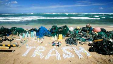 Plastikmüll am Strand von Hawaii. Aus Golfbällen - ebenfalls vom Meer angeschwemmt - wurde der Schriftzug "Trash" gelegt.