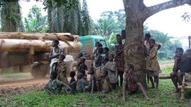 Kongo: Menschengruppe vor einem Holzfällertruck im Dezember 2005