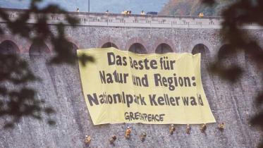 Riesenbanner an der Edertal-Sperre für Nationalpark im Kellerwald, Oktober 1999