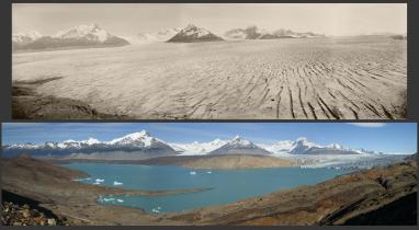 Der Upsala Gletscher im Wandel der Zeit: Das Foto oben wurde 1928 aufgenommen, das Foto unten im Jahr 2004