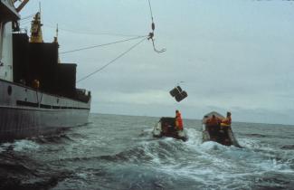 Greenpeace-Aktivisten in Schlauchbooten protestieren gegen die Versenkung von Atommüll im Meer seitens des Schiffes "Rijnberg, September 1992