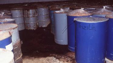 Pestizid Lager: Die Fässer stammen aus der ehemaligen DDR und wurden nach Albanien verschoben, Februar 1994