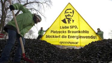 Protest bei SPD Konferenz in Potsam gegen Platzecks Kohlekurs im Januar 2012