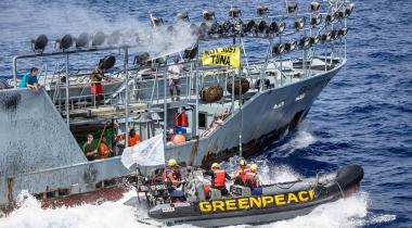 Greenpeaceschlauchboot vor Thunfischfangschiff von Thai Union