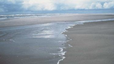 Nordsee: Strand mit Brandung und Wellen im Wattenmeer. Juni 1991