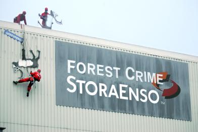 Greenpeace Aktive befestigen ein Banner an einer Stora Enso Fabrik