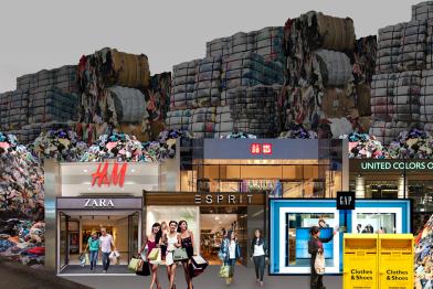 Illustration, die Verbraucher:innen und verschiedene Bekleidungsgeschäfte zeigt, mit Stapeln von Bekleidungsabfällen im Hintergrund. Im Rahmen der Kampagne zur Reduzierung des Überkonsums hat die Kampagne "Detox My Fashion" eine Reihe von Infografiken und Illustrationen für den "Buy Nothing Day" erstellt.