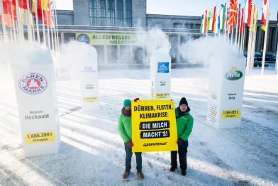 Vier überdimensionale Milchtüten stehen als Installation vor dem Eingang zur Internationalen Grünen Woche, begleitet von den Umweltaktivist:innen mit Transparenten: "Klimakrise: Die Milch macht's!" 