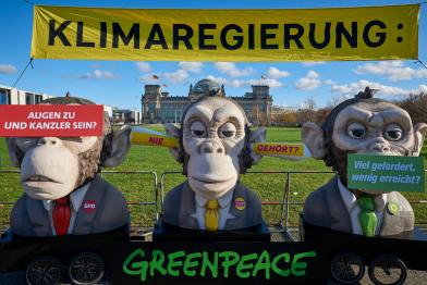 Greenpeace-Aktive demonstrieren während der Koalitionsverhandlungen vor dem Bundestag auf der Berliner Reichstagswiese