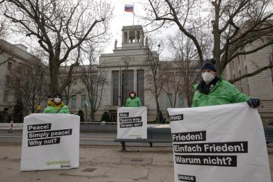 Greenpeace Aktivist:innen protestieren vor drei Botschaften in Berlin für Frieden in der Ukraine. Auf den Bannern steht in drei verschiedenen Sprachen, Englisch, Russisch und Deutsch: "Frieden! Einfach Frieden! Warum nicht?"