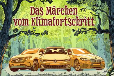 Ausschnitt des Titelblatts "Das Märchen vom Klimafortschritt": Drei goldene Autos im Märchenwald