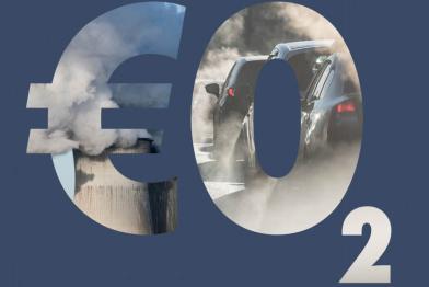 Grafik: Qualmender Schornstein sowie Autoabgase in dem Schriftzeichen CO2 sind