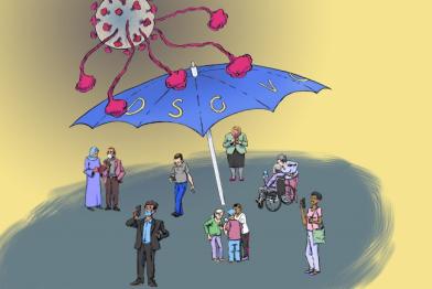 Grafik: Schirm schützt Menschen von einem  Corona-Virus