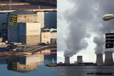Zwei Bilder von Protesten an dem AKW Fessenheim und Cattenom