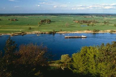 Ein Schiff fährt auf der Elbe